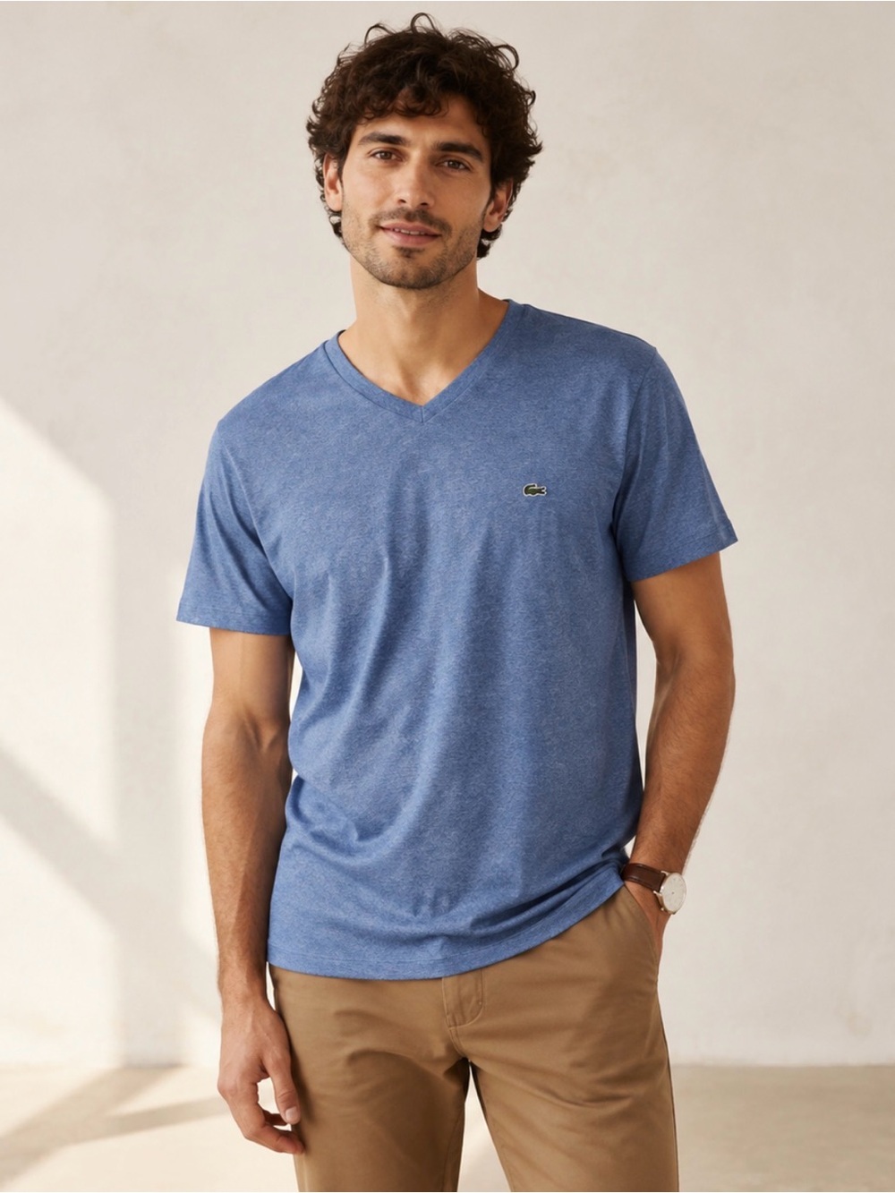 Lacoste Men’s Pima Cotton V-Neck T-Shirt S Blue Logo Tee
